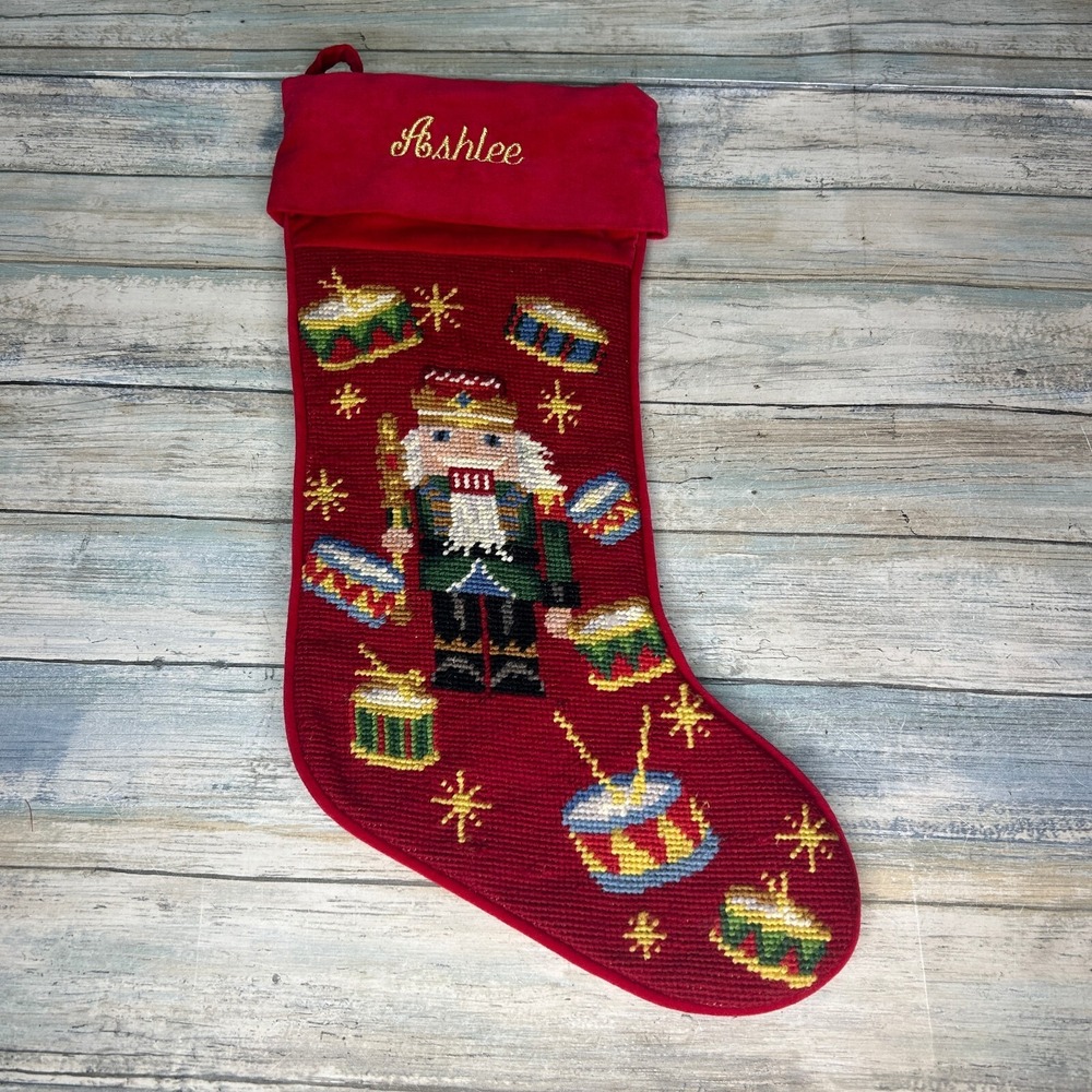 Vintage Needlepoint‎ Christmas Stocking Nutcracker Drums ASHLEE